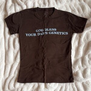 Brown Graphic T-Shirt with Blue Text